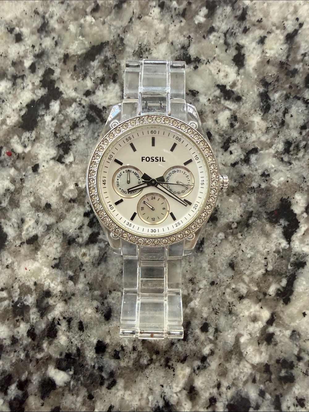 Fossil Clear Bracelet Watch with White Dial and Crystal Bezel